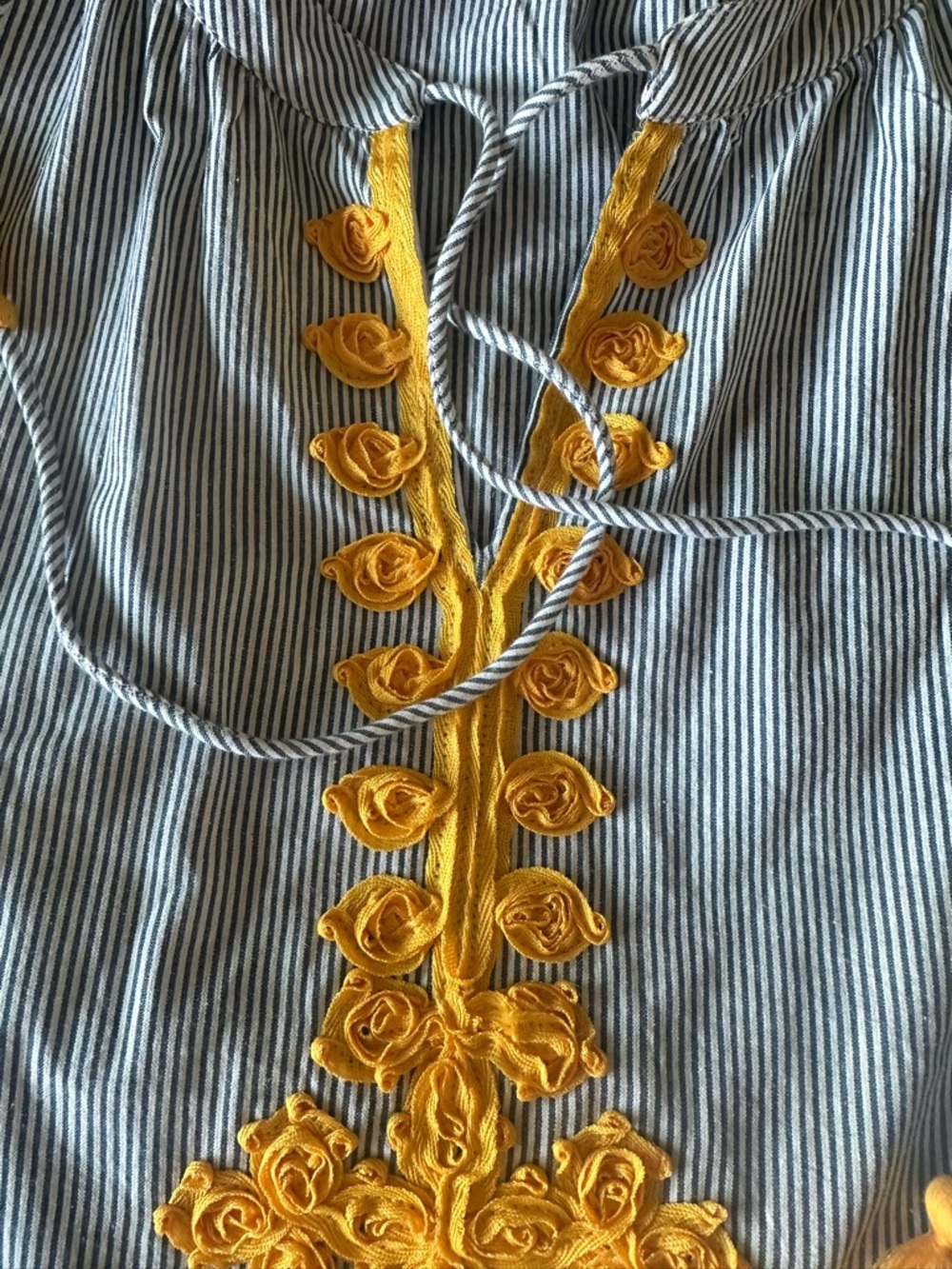 Blue Striped Blouse with Yellow Embroidered Accents